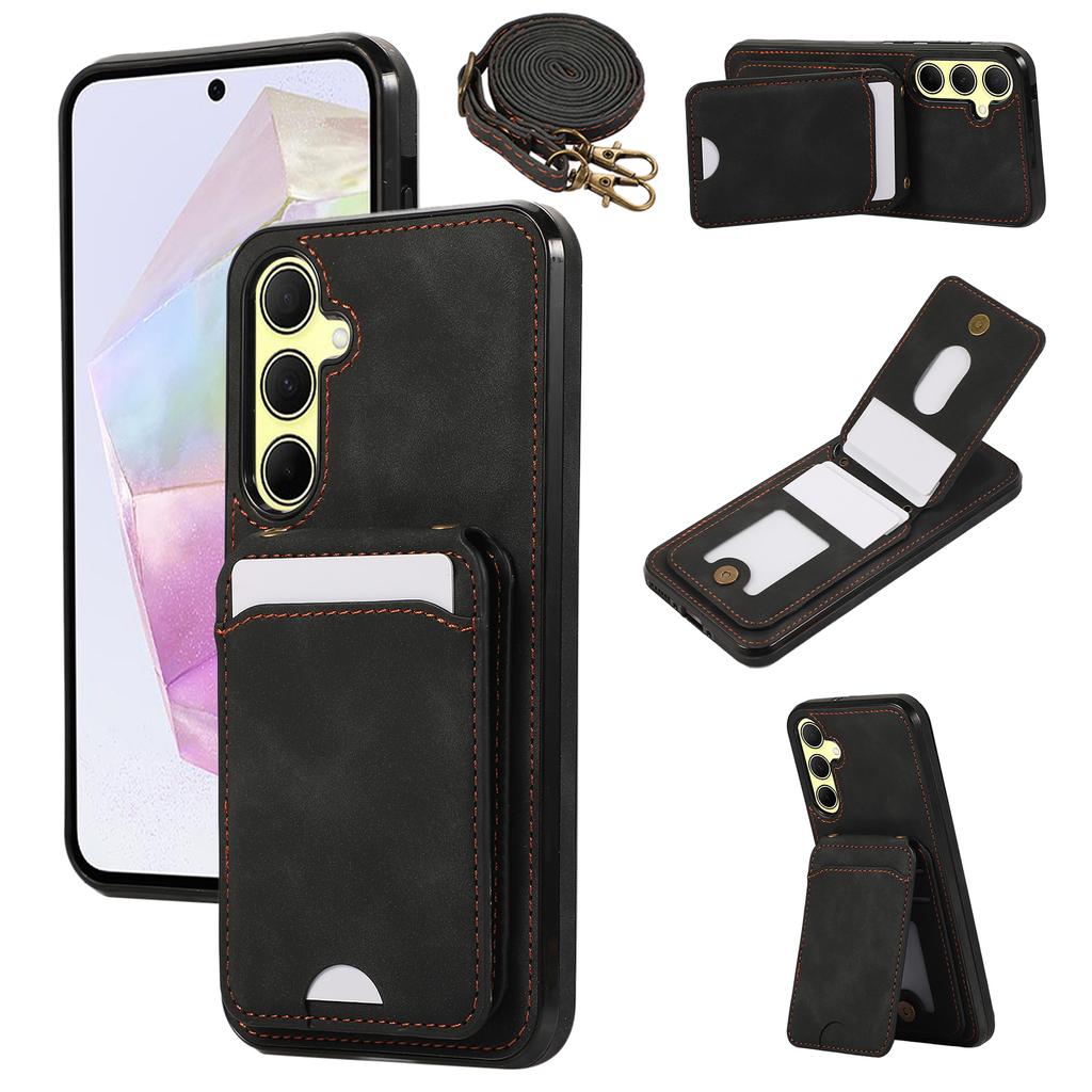 For Samsung Galaxy S25/S24 Case Card Holder Kickstand Leather + TPU Phone Cover with Shoulder Strap