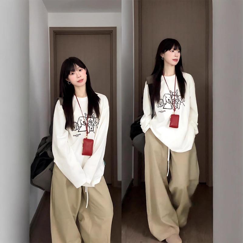 Spring Autumn Loose Casual Printing Cotton T-shirt Women Long Sleeve Simple Fashion All-match Pullover Tee Top