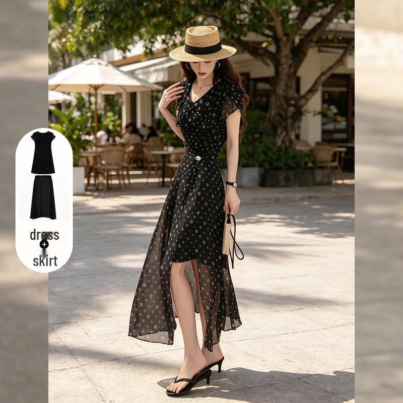 Women s Retro Print Ruffle V-Neck Dress Set XL