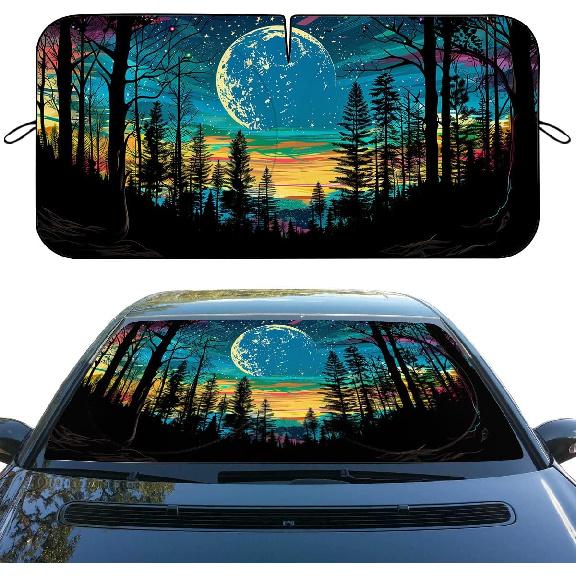 Forest Starry Sky Car Windshield Sun Shade Moon Fantasy Colorful Heatshield Front Window Car Sun Shade Blocks UV Rays Sun Visor Protector for Sedan