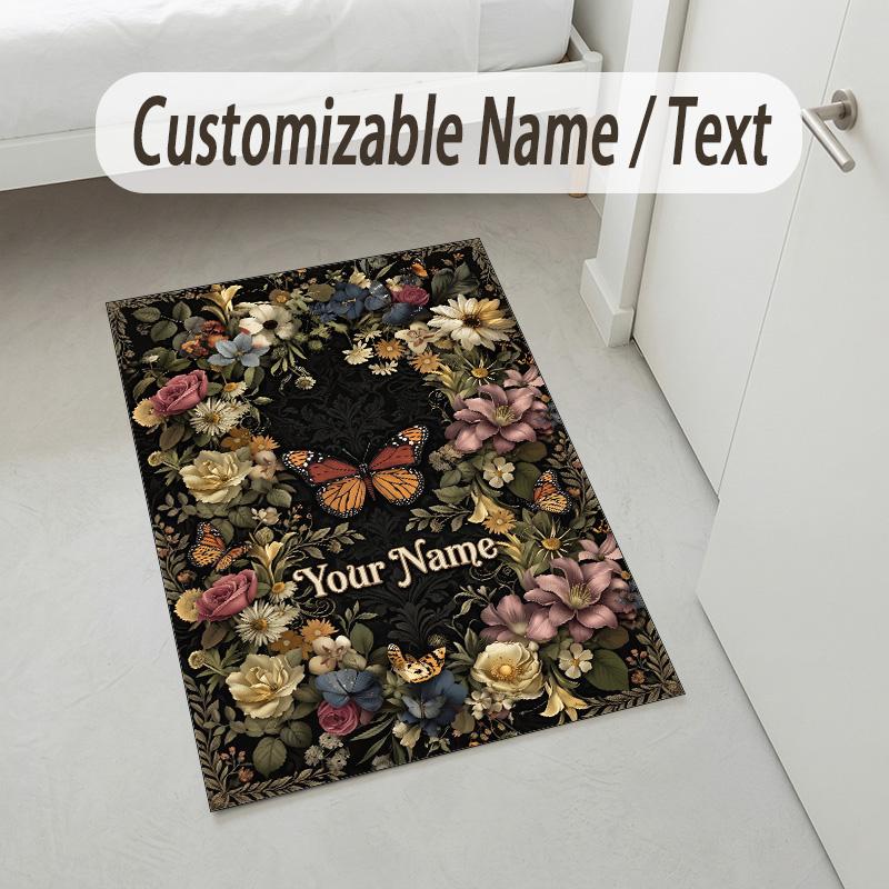 Floral Butterfly Garden Theme Soft Crystal Velvet Rug Custom Name & Text Print Non Slip Floor Rug for Bedroom Living Room