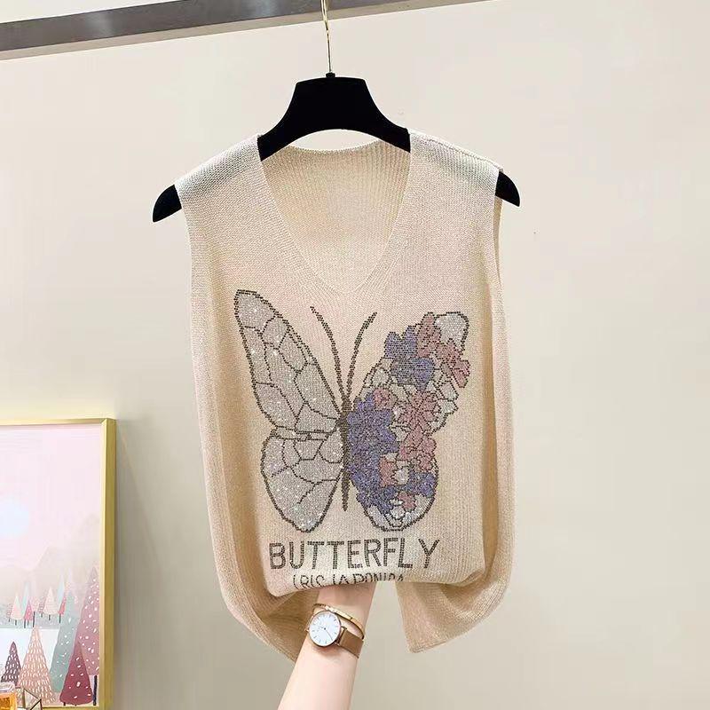 2023 Shiny Silk Sleeveless V-Neck Women's Vest - Spring/Summer New Style, Loose Fit with Hot Diamond Sling Knitted Design
