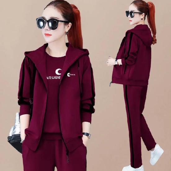 3 Pcs/Set Women Coat Top Pants Set Color Matching Soft Thick Hooded Long Sleeves Zipper Elastic Cuff Lady
