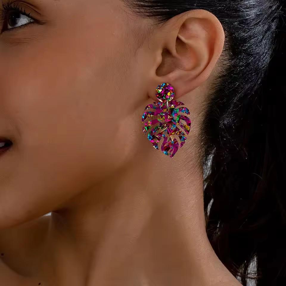 Fashion Acrylic Coconut Tree Monstera Leaf Drop Earrings for Women Boho Palm Leaf Tropical Plant Earrings Vacation Jewelry Gift