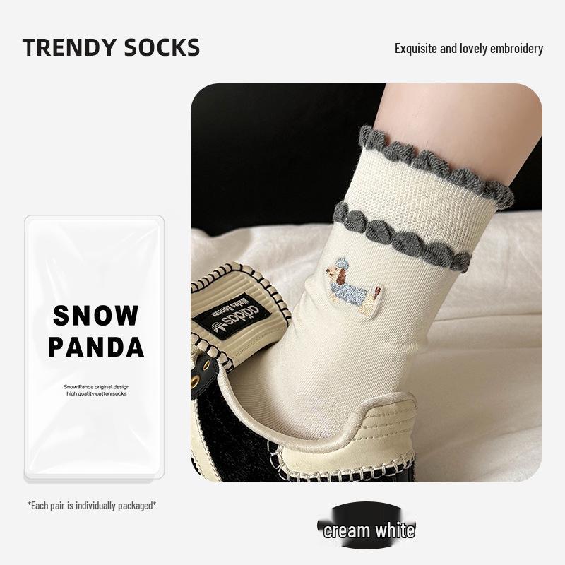 "Polka Dot Cartoon Bear Mid-Calf Women’s Socks - Korean & Japanese Style, Striped Color Block, Perfect for Spring & Autumn”