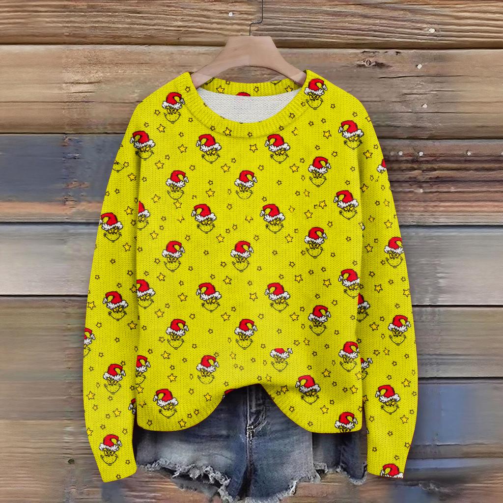 Long Sleeve Pullover Sweaters For Women O Neck Casual Cute Printing Knit Oversized Sweater
