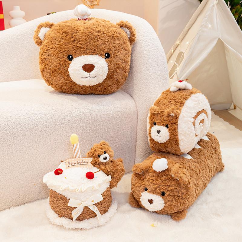 Nové plyšové hračky dortu s medvědem pro přátele, dárky k narozeninám pro dívky s polštáři, polštáře s hlavou medvěda, dekorace na aktivity