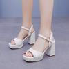 Luxury Handmade Full Pearls Thick Heeled Women Gladiator Sandals Summer Platform Wedges High Heels Chunky Sandals Shoes