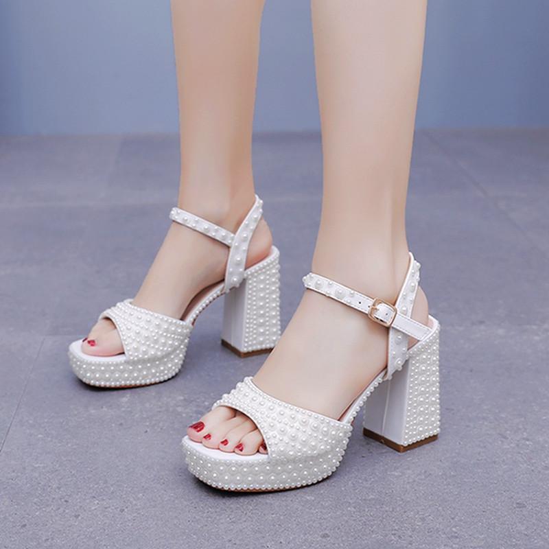 Luxury Handmade Full Pearls Thick Heeled Women Gladiator Sandals Summer Platform Wedges High Heels Chunky Sandals Shoes