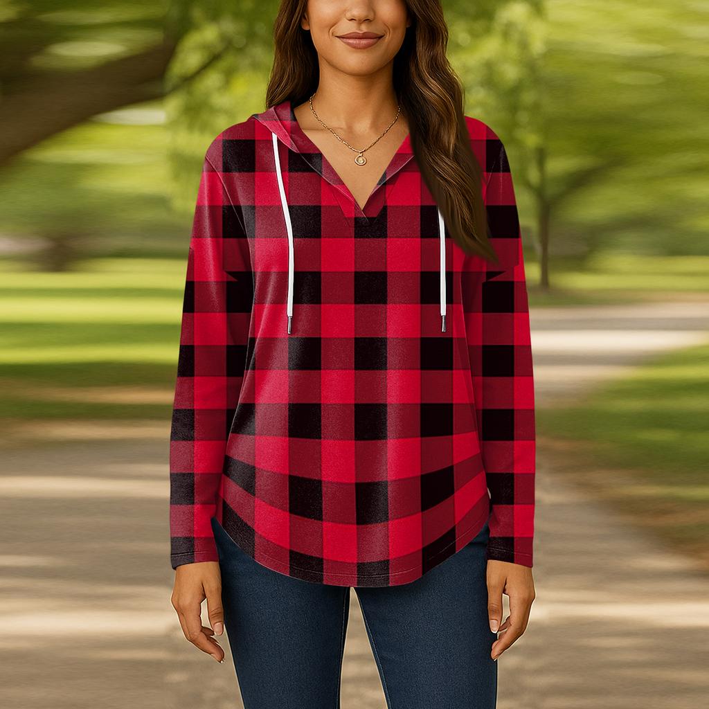 Damenmode Kapuzenpullover V-Ausschnitt Langarm Geblümter Kordelzug Lässig Locker Pullover Tops