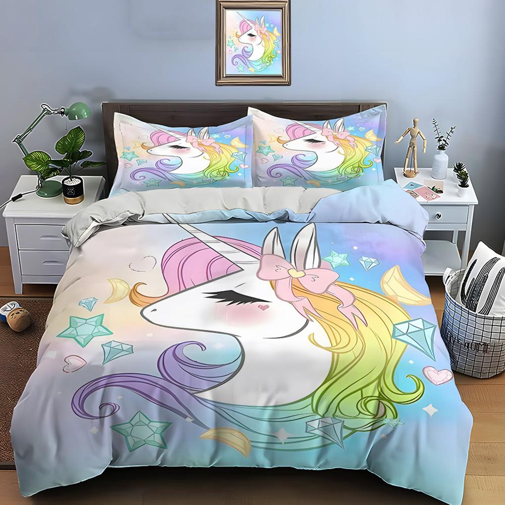 3PC Pink Unicorn Print Bedding Set Duvet Cover 1 Duvet Cover 2 Pillowcases Adult and Children Bedding Set Luxury To Girls Gifts