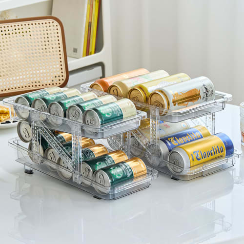 QYONLINE Can Storage Rack, Beer Can Holder, Fits 350ml and 500ml Cans, Adjustable Extendable, Refrigerator Storage Rack, Double-Finished Rack, Transpa