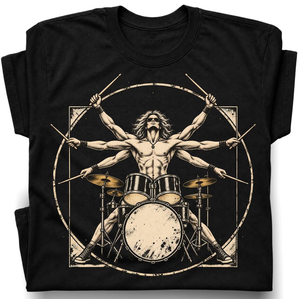 Vitruvianischer Trommler Rock And Roll T-Shirt, Vintage Musikliebhaber Tee
