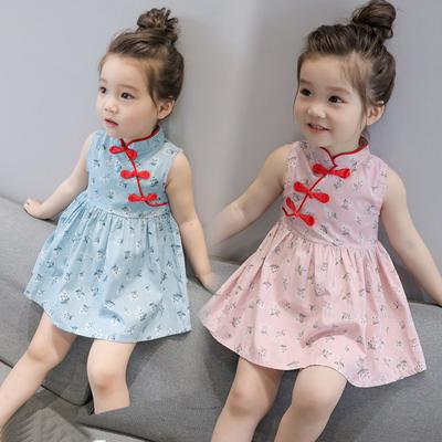 Kids Girls Chinese Style Cute Flower Print Dress Vintage Cheongsam Dresses Qipao Baby Clothes
