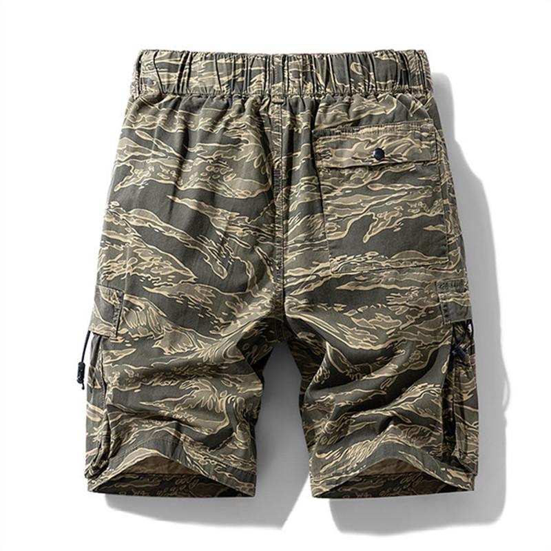 Mens Cotton Stretch Camouflage Cargo Shorts Elastic Waist with Drawstring Multi Pockets Knee Length Outdoor Casual Workwear Short Trousers