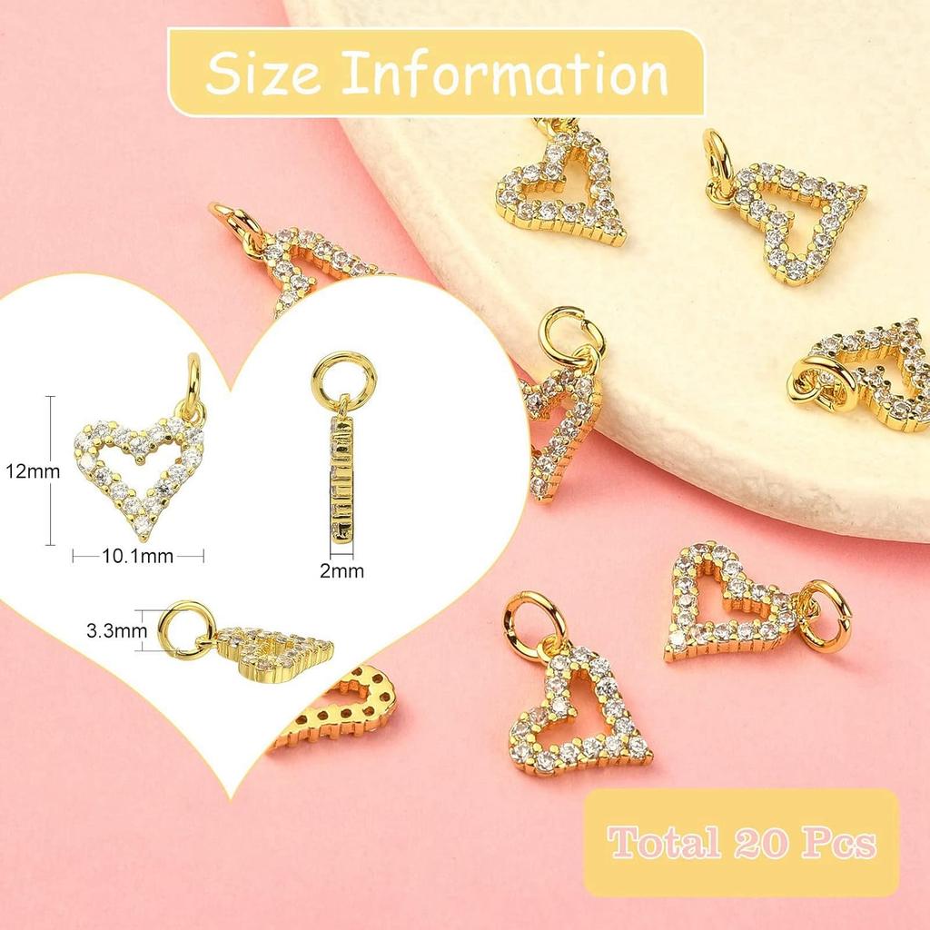 DanLingJewelry 20 Pcs Cubic Zirconia Brass Charms Heart Charms 18K Gold Plated Charms for Jewelry Making Choker Tiny Dangle