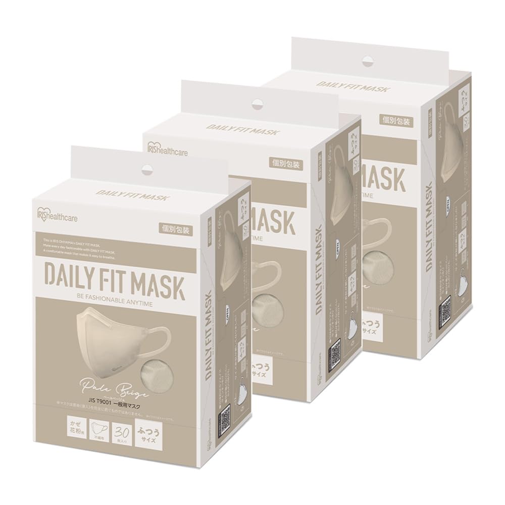 IRIS OHYAMA Nonwoven 3D 90 Individually Daily Regular 30 count x Pale Beige JIS-compliant Masks, count, Wrapped, Fit, Size, Cheek, 3, RK-F30XQ,
