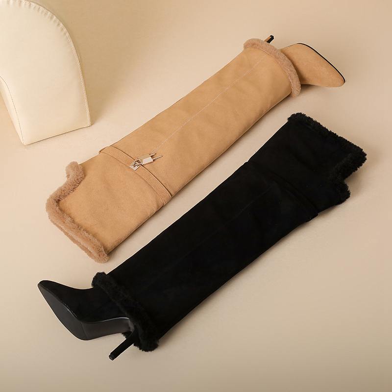 Krazing Pot Flock Pointed Toe Thin High Heels Size 46 Size 45 Winter Slip on Plus Size Women Keep Warm Over-the-knee Boots