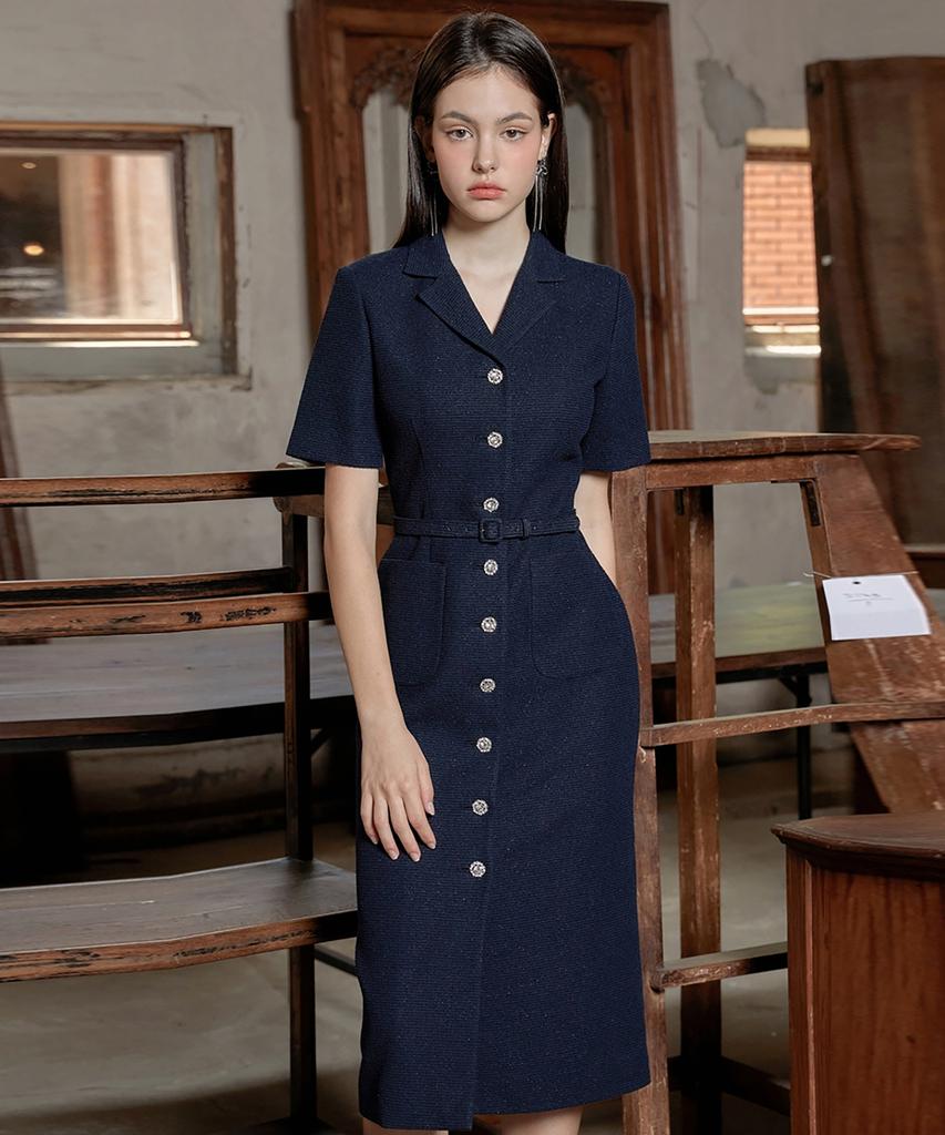 Julie And Kara 24Ss Collar 89 Secret Garden Long Queen Tweed Dress Navy