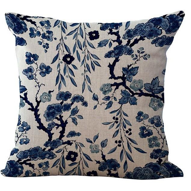 Retro Blue and White Porcelain Pillowcase Geometric Printed Cotton and Linen Sofa Pillowcase Bathroom Sofa Decorative Pillowcase