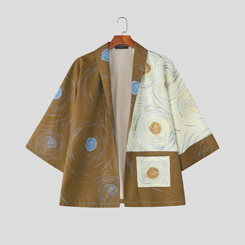 

INCERUN Men Lapel Neck 3/4 Sleeve Stitching Floral Print Casual Loose Shirts 4XL коричневый