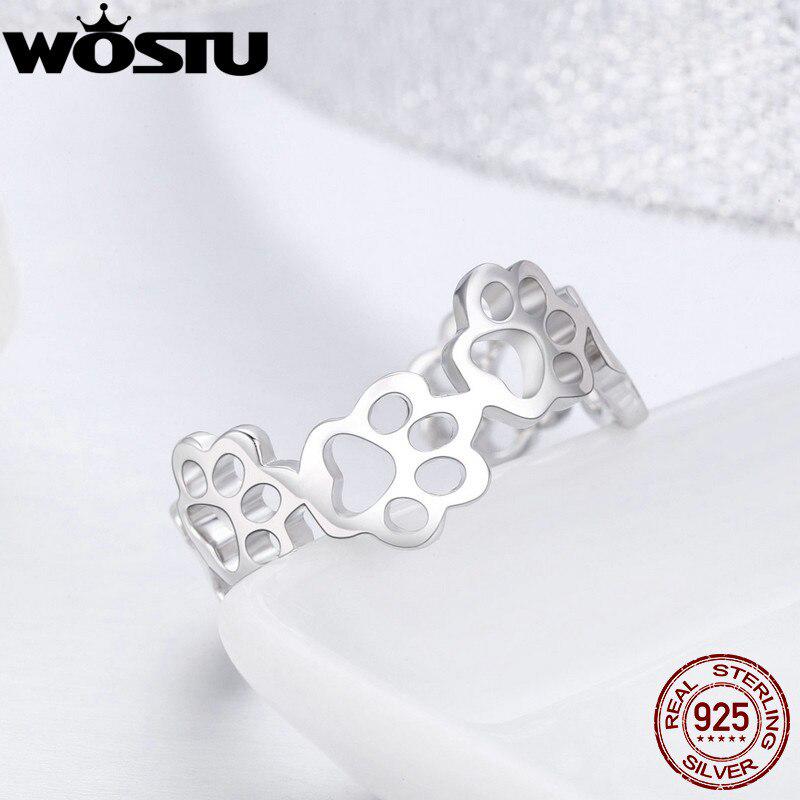 WOSTU Genuine 925 Sterling Silver Pawprint Paw Print Pet Finger Rings For Women Girl Cute Ring