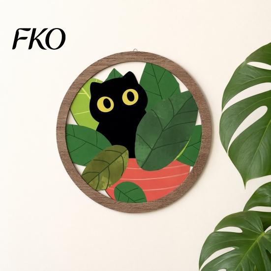 Retro Black Cat Wall Piece 4PCS Sign, with Warm Grain Texture Wood Art, Scratch-Resistant Rounded Corner Wooden Art Home Decor, Nordic Style