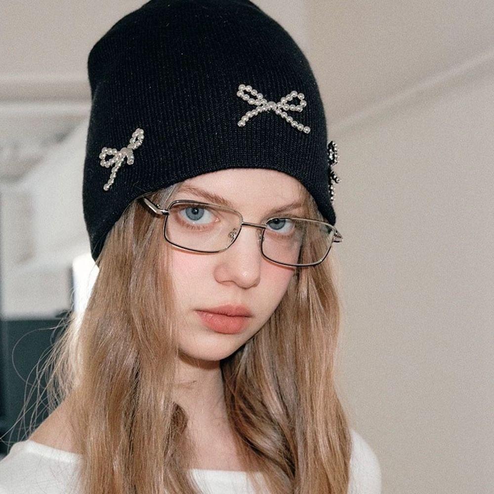 Bowknot Knitted Hat Wool Hat Knit Cap Cute Pearl Bow Beanies  Apparel Accessories