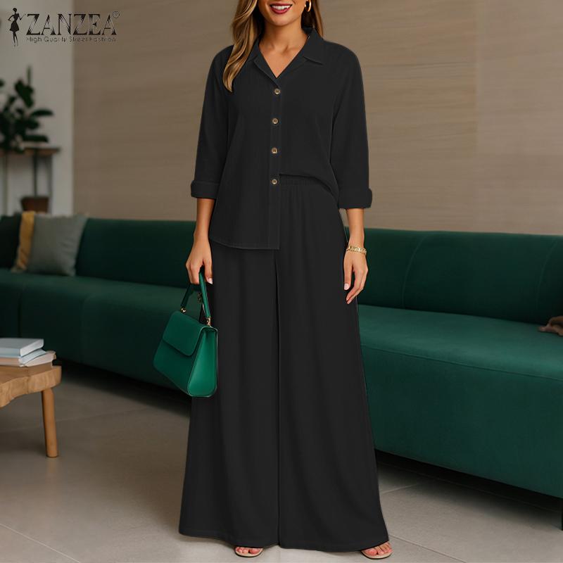 ZANZEA Womens Long Sleeve Blouse and Wide Leg Pants Casual Two Piece Suit Sets