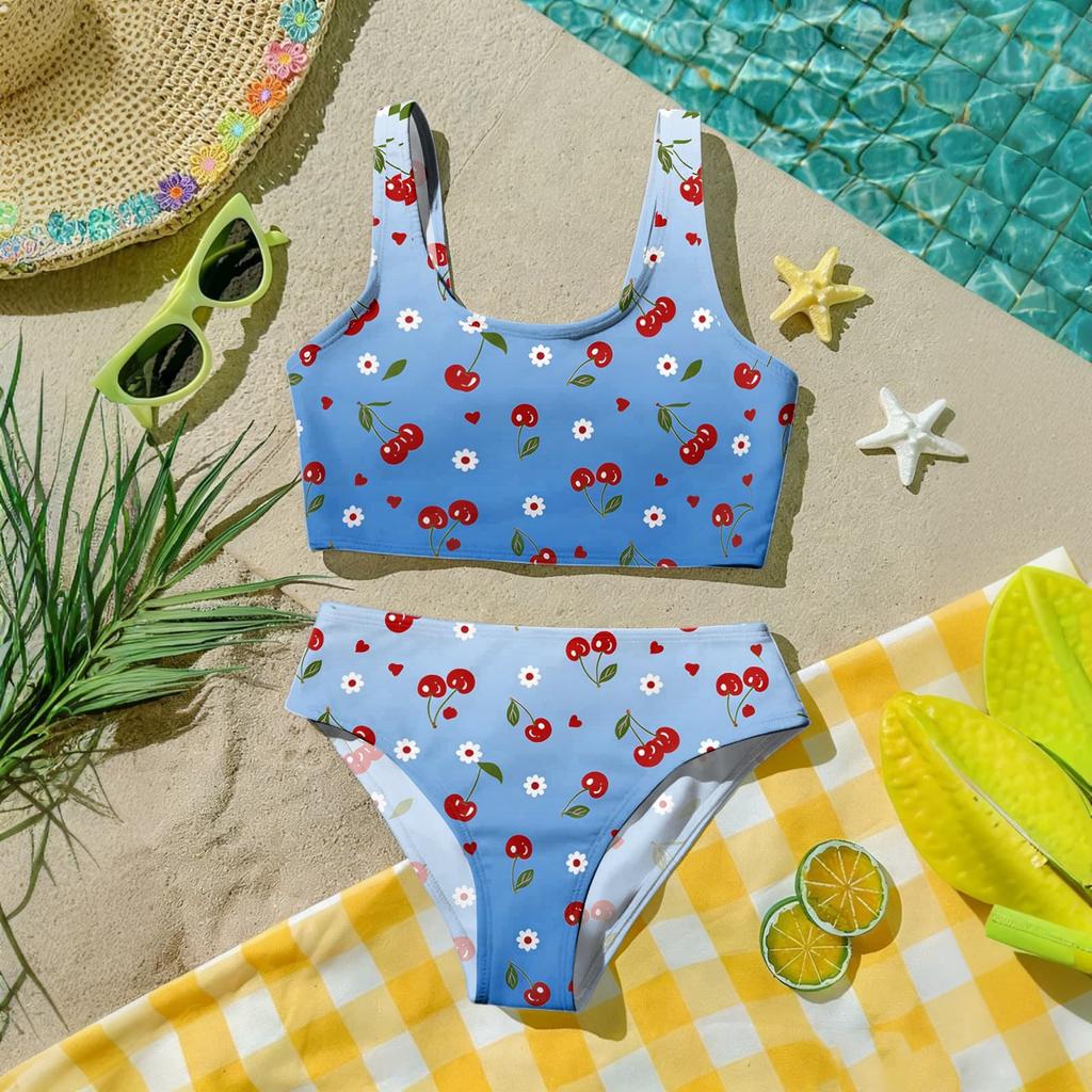 Girls Two Piece Swimsuit Set Tankini Top and High Waist Bottoms Fruit Print Summer Swimwear for Kids Comfortable Fit