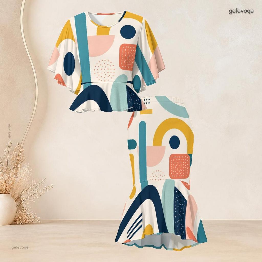 Women Plus Size Round Neck Batwing Sleeve Printed Ruffle Hem Top Fishtail Skirt Two Piece Set