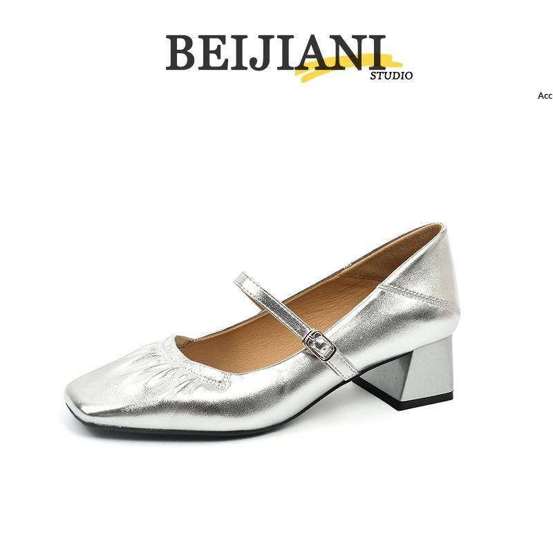 

BEIJIANI Туфли Мэри Джейн на массивном каблуке из овчины - Женские туфли из мягкой кожи с ремешком 36 серебряный