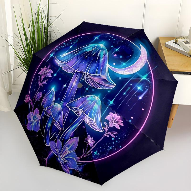 1pc Fantasy Mushroom Night Scene Umbrella with Plastic Handle,Vibrant Cartoon Pattern,Multi-functional UmbrellaB1968