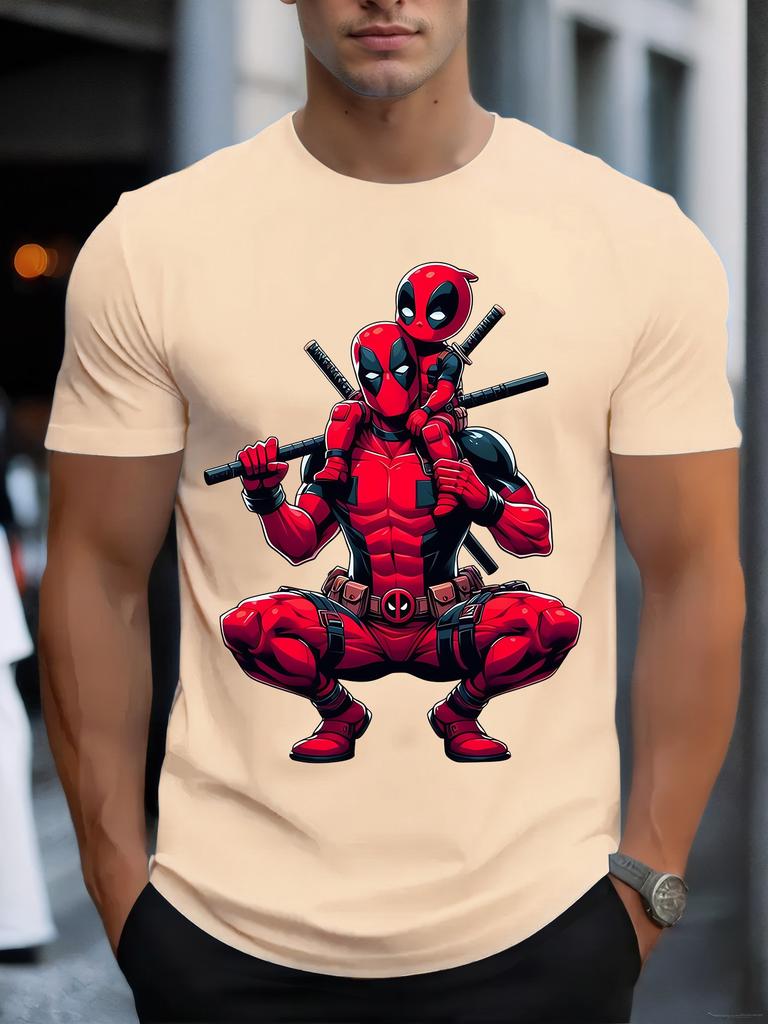 Men'S Marvel Deadpool Graphic T-Shirt - Black Casual Crew Neck Tee with Red & Black Design, Breathable & Lightweight for Summer