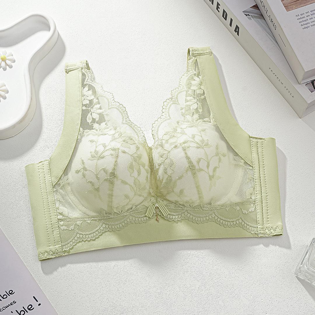 

Medium thickness, small breasts, large gathering lace bra, non-magnetic women s vest, bra, closed breast adjustment bra 40/90AB зелений