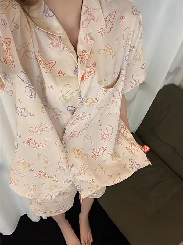 

Cartoon rabbit police officer pajamas women s summer short-sleeved shorts cardigan two-piece Internet celebrity new girl loungewear S