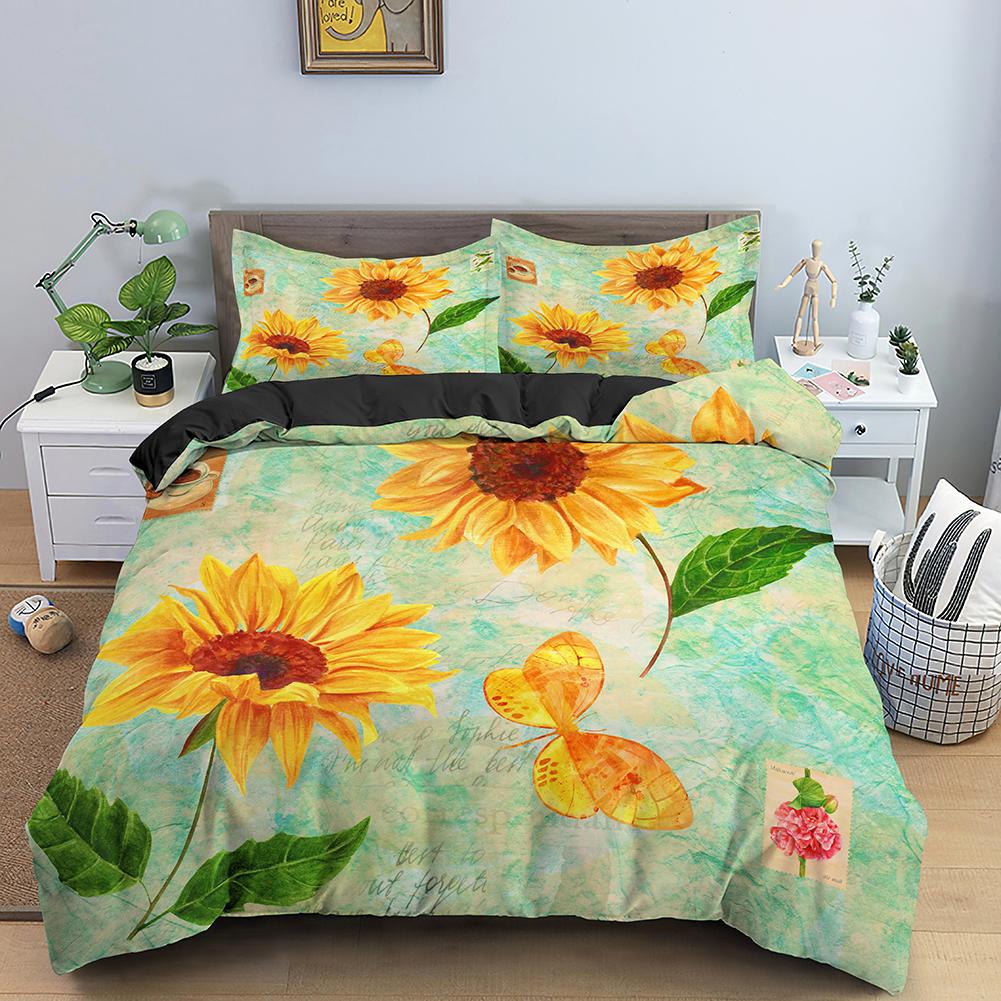 3D Sonnenblume König Königin Bettbezug Gelbe Blumen Bettwäscheset Floral Grüne Blätter Bettdeckenbezug 2/3tlg. Polyester Steppdeckenbezug