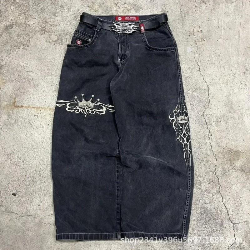 Mens Y2K Hip Hop Wide Leg Straight Fit Denim Jeans - Washed Cotton Loose Streetwear Style