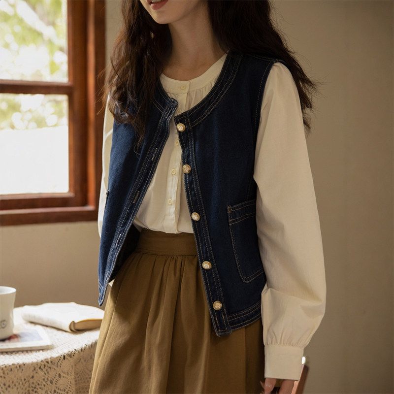 Japan fashion Preppy Denim Vest Women Spring and Autumn Stacked Outdoor Vest Vest Small Design Sense Waistcoat Outerwear Dark Blue Denim Vest 2XL [Recommended 72.5-80kg]