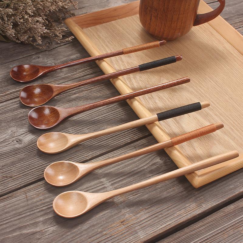 Natural Wooden Coffee Spoons Set Long Handle Tea Stirring Utensils for Dessert Honey and Beverage Eco Friendly Tableware