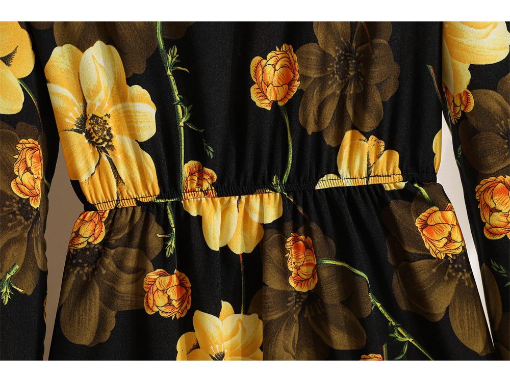 2022 European & American Floral A-Line Dress - Spring, Long Sleeve, Round Neck, Slim Fit