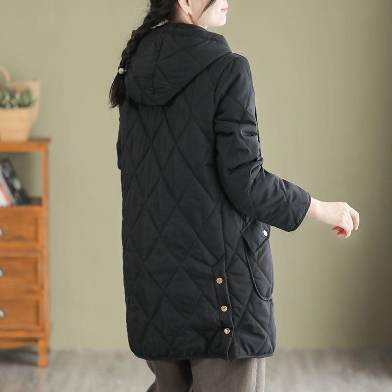 New Women's Diamond Check Down Cotton Coat Loose Casual Hooded Parker Outerwear Long Autumn Winter Female Warm Padded Jacket