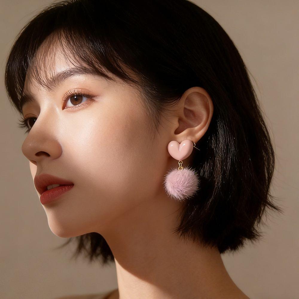 Pendant Heart Shaped Earrings Sweet Valentine's Day Earring Plush Ball Earring  Women Girls