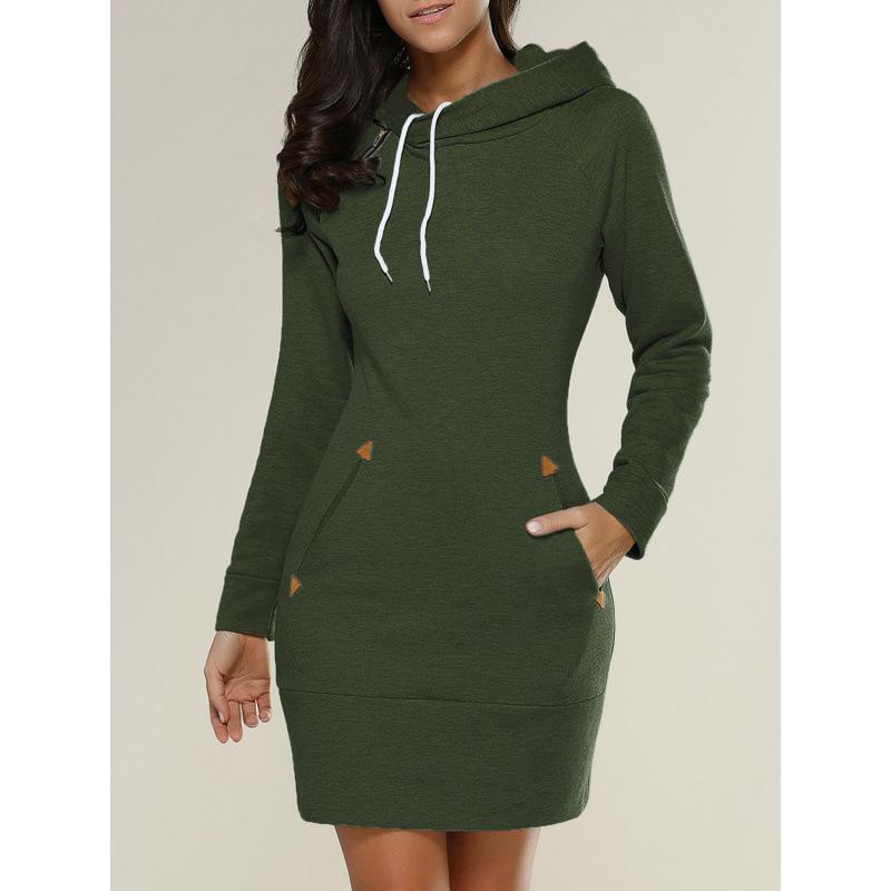 Women's Hooded High Neck Long Sleeve Sweatshirt Dress Solid Casual Bodycon Mini Dress With Pockets S-5XL Plus Size Fall Winter Daily Wear