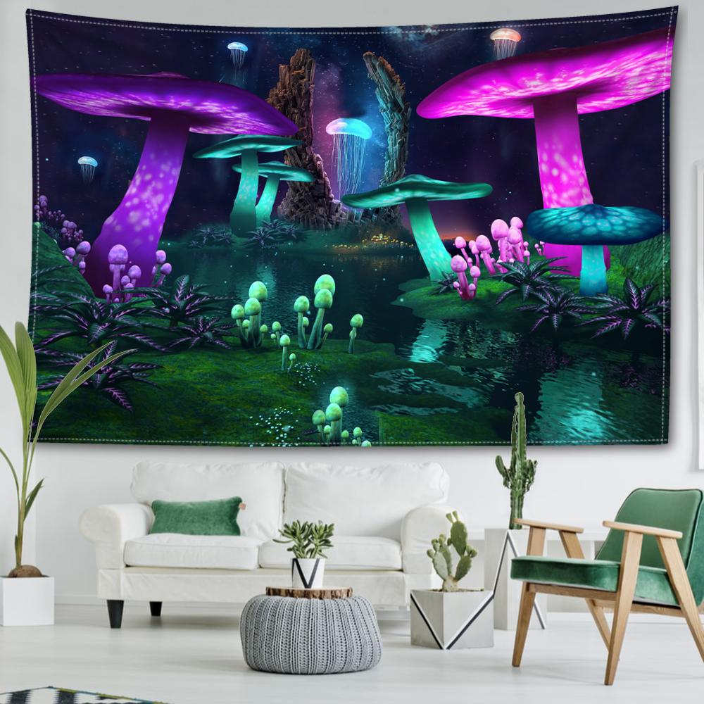 Green Purple Forest Mushroom Tapestry Wall Hanging Bohemian Mystical Witchcraft Living Room Background Cloth Home Decor