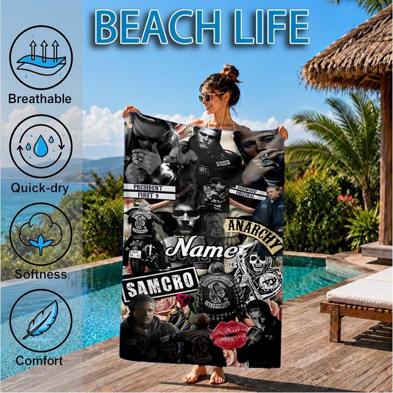 Custom Name Biker Club Anarchy Heart In Space Adventure Microfiber Beach Towel, Lightweight for Summer Travel, Swimming Pool Fan Gift