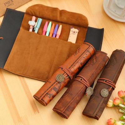 Retro Treasure Map Canvas Leather Pencil Cases Large Cpacity Pouch Stationery