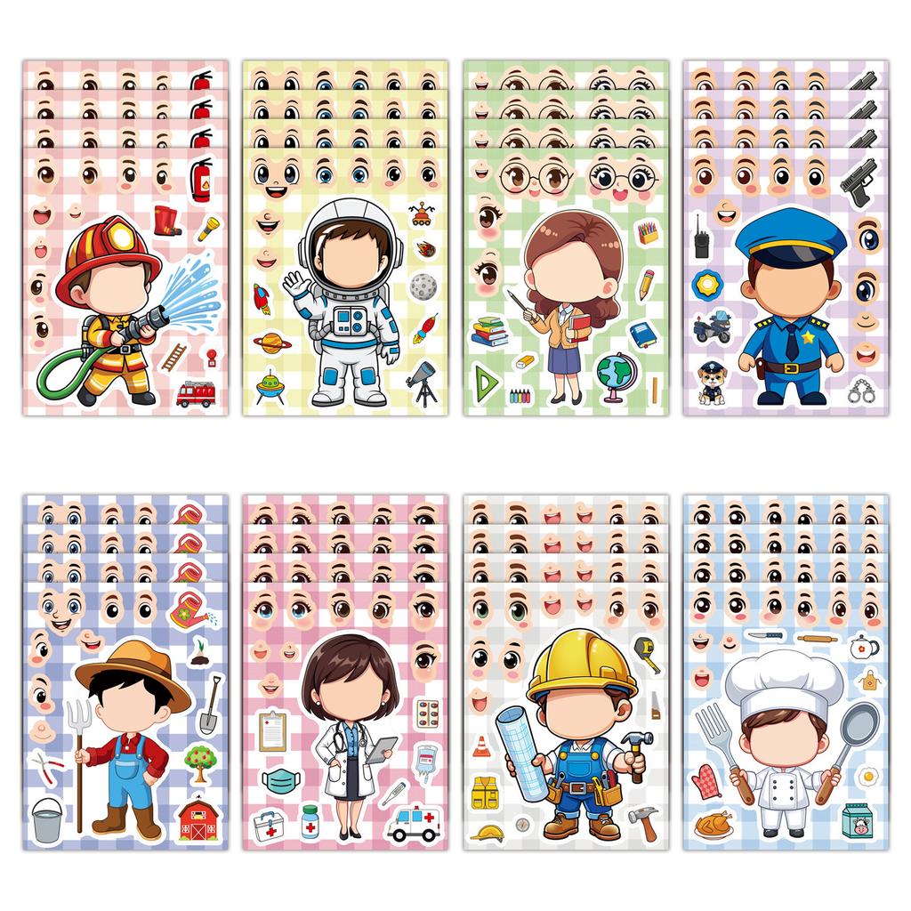 8pcs Different Career Cute Cartoon Character Puzzle Graffiti Stickers  For Laptop Notebook Phone Thermos Diy Stickers Toys Gift