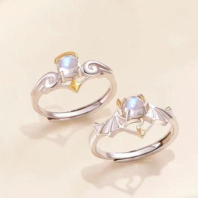 Paar offene Ringe Engel Teufel Mondstein Ring für Damen Herren Öffnung verstellbar Liebhaber Ring Schmuck Geschenk