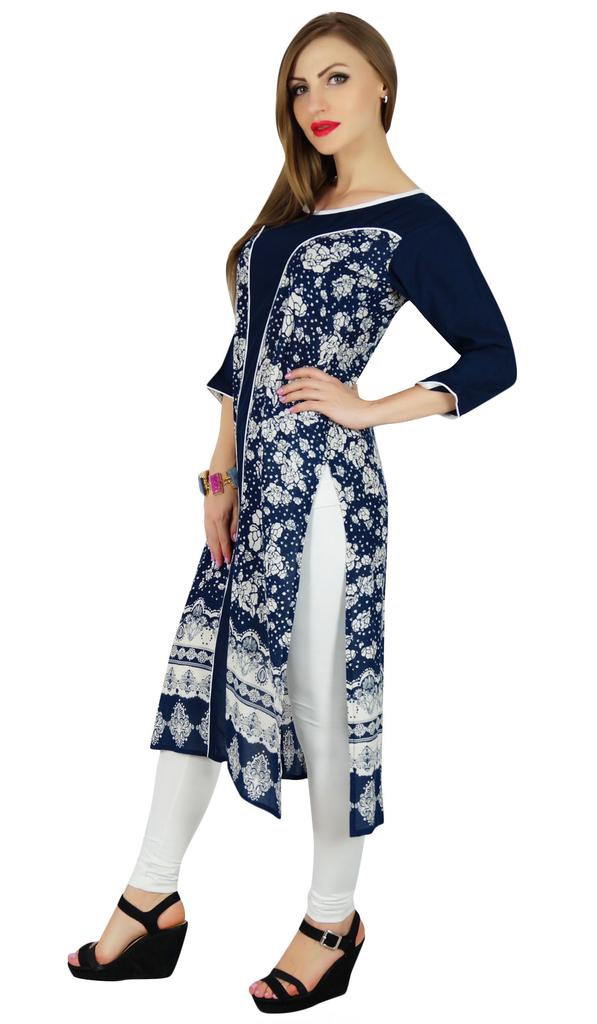 Bimba Women Blue Rayon Kurta Kurti Casual Formal Tunic Summer Blouse 3 4